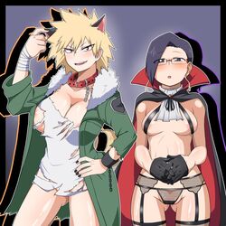 2girls ass_visible_through_thighs big_breasts black_eyes blonde_hair blush chains cosplay dog_collar fire_breath01 halloween halloween_costume katsuki_bakugou_(cosplay) looking_at_viewer medium_breasts mika_jiro milf mitsuki_bakugou multiple_girls my_hero_academia no_panties red_eyes short_hair smile torn_clothes torn_shirt vampire wolf_ears