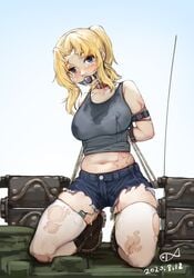 1girls arms_behind_back ball_gag belly blonde_hair blue_eyes bondage boots clothing collar crying crying_with_eyes_open female female_focus female_only femsub gag gagged girls_und_panzer gradient_background helpless hotpants kay_(girls_und_panzer) kneeling lactating lactation lactation_through_clothes lactation_without_expressing looking_at_viewer midriff navel nipple_bulge nipples pawprint pussy_juice pussy_juice_stain ray_(pixiv9514208) remote_control_vibrator ripped_clothing ripped_pants rope rope_bondage shorts simple_background skindentation star submissive submissive_female sweat sweat_stain tears thighhighs tied_down torn_clothes vibrator vibrator_under_clothes watermark