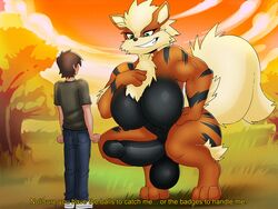 1boy 1futa 4:3 anthro arcanine balls ballsack big_balls big_breasts black_breasts black_penis bottomwear breasts chest_tuft clothed_male_nude_futanari clothing crouching dangling_testicles dialogue dracojeff duo english_text fluffy_tail foreskin futanari genitals huge_breasts human humanoid_genitalia humanoid_penis imminent_sex intact jeans larger_futanari low_hanging_balls male mammal nintendo nude orange_body pants penis pokemon pokemon_(species) pokemon_rgby retracted_foreskin scrotum shirt size_difference smaller_male smooth_penis striped_body stripes sunset testicles text topwear tuft uncut video_games