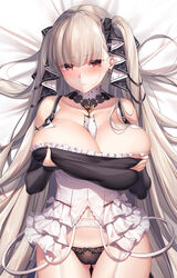 1girls azur_lane blush female_only formidable_(azur_lane) hair_ornament hands_on_own_breasts huge_breasts lingerie meion pale-skinned_female revealing_clothes tagme thick_thighs very_long_hair