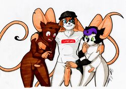 anthro balls big_penis black_hair brown_body brown_fur clothing cocky comparing fur genitals green_eyes group hair hi_res highlights_(coloring) huge_cock male male/male mammal mottled mottled_body mottled_fur mouse murid murine penis red_eyes rodent rotten_owl shirt simple_background small_penis supreme topwear traditional_media_(artwork) white_background