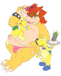 anthro anus ass balls bara bowser clothing foreskin gay genitals group hi_res humanoid_genitalia humanoid_penis koopa male male/male male_only mario_(series) nintendo nipples penis scalie size_difference thong underwear video_games white_background xtbidx yaoi