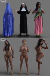 3d 3girls anklet areolae arm_up arms_up armwear ass barefoot before_and_after big_breasts black_clothing black_hair blonde_hair blue_clothing bracelet braided_hair breasts burka christian christianity closed_mouth clothed clothed_female completely_nude corruption dark-skinned_female dark_nipples dark_skin daz_studio desi dragonporn dressed_undressed earrings english_text feet female female_only femsub footwear front_view full_body fully_clothed grey_background hands_together harem headgear hindu hinduism hips hourglass_figure huge_ass huge_breasts human human_only indian indian_female islam jewelry knees leg_up legwear light-skinned_female light_skin line_art lineup lips long_hair long_skirt midriff milf multiple_girls muslim nipples nude nude_female nudity nun nun's_habit open_mouth original_character piercing pink_clothing pose religion religious religious_clothing sari shoes simple_background skirt spread_arms standing standing_on_one_leg submissive_male text thick_thighs thighs tiptoes trio wide_hips