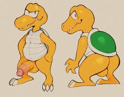 2020 3_fingers 3_toes anthro backsack balls big_penis black_eyes blush claws daftpatriot fingers front_view genitals green_body green_scales grey_background grey_body grey_scales half-closed_eyes hands_on_hips humanoid_genitalia humanoid_penis koopa_troopa koopa_troopa_(beta) leaning leaning_forward male male_only mario_(series) multiple_angles narrowed_eyes nintendo nude penis rear_view scales scalie simple_background solo standing super_mario_world toe_claws toes video_games white_claws yellow_balls yellow_penis