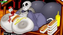 16:9 ass big_breasts big_butt breasts female food hi_res hot_dog human humanoid ketchup mammal mtf_crossgender mustard nobody147 rule_63 sans solo undertale video_games widescreen