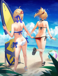 2girls ahoge anger_vein artoria_pendragon artoria_pendragon_(swimsuit_archer) ass ass_cleavage back ball bare_shoulders beach beachball bikini blonde_hair braid butt_crack day fate/grand_order fate_(series) female female_only flying_sweatdrops full_body hair_bun highres mordred_(fate) mordred_(swimsuit_rider) mother_and_daughter multiple_girls outdoors ponytail saber sandals sky sleeveless standing surfboard swimsuit tonee water