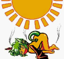 8-bit cum dazed dizzy draco_centauros dragon_girl dragon_tail dragon_wings futanari green_hair horns lowres puyo_puyo puyo_puyo_fever puyo_puyo_sun roasted solo_futa sun sunburn sunlight swirly_eyes