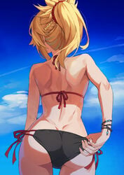 1girls absurdres adjusting_clothes adjusting_swimsuit ass ass_cleavage back bikini black_bikini blonde_hair blue_sky bracelet braid butt_crack cloud cowboy_shot day fate/apocrypha fate_(series) female female_ass female_only french_braid from_behind hair_ornament hair_scrunchie halterneck hidden_face highres jewelry long_hair mordred_(fate) mordred_(swimsuit_rider) nail_polish outdoors ponytail red_scrunchie scrunchie shoulder_blades side-tie_bikini sidelocks sky solo string_bikini swimsuit thighs tonee