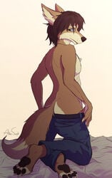 anthro asher ass blue_eyes brown_body brown_fur canid canine canis clothed clothing dice fur hi_res jackal jewelry male male_only mammal necklace pants_down partially_clothed pawpads paws smile solo toes volp3