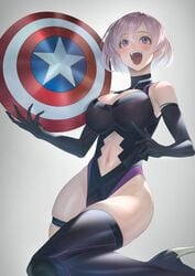 blush captain_america captain_america_(cosplay) fate/grand_order fate_(series) female imizu_(nitro_unknown) marvel mash_kyrielight shield skindentation smile tagme thick_thighs