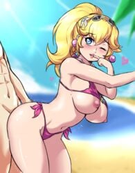 1boy 1girls beach bikini blonde_hair blue_eyes blush breasts breasts_out female heart heart-shaped_pupils large_breasts leaning_forward leonart male mario_(series) nintendo nipples outdoors pink_bikini princess_peach side-tie_bikini straight sunglasses sunglasses_on_head super_mario_odyssey swimsuit wink