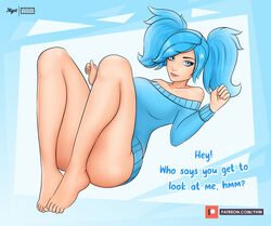 1girls barefoot blue_eyes blue_hair clothed clothed_female english_text evie_(paladins) feet female female_only hi-rez_studios light-skinned_female light_skin medium_breasts paladins partially_clothed patreon sweater text toes twintails virgin_killer_sweater watermark yhw