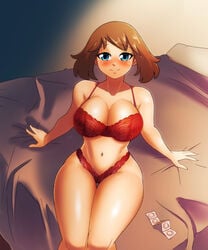 blush bra curvy female female_focus female_only gez1313 large_breasts lingerie may_(pokemon) nintendo panties pokemon short_hair solo solo_female solo_focus voluptuous wide_hips