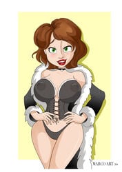 1girls big_breasts big_hero_6 breasts brown_hair cass_hamada corset curvy curvy_figure disney female female_only fur-trimmed_robe fur_coat green_eyes hands_on_hips large_breasts lingerie looking_at_viewer marco_art marvel marvel_comics pointy_chin red_lips sheer_clothing short_hair smile smiling_at_viewer solo typ04 wide_hips