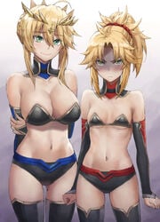 2girls ahoge angry arm_behind_back artoria_pendragon artoria_pendragon_(lancer) bangs bare_shoulders big_breasts black_bra black_legwear black_shorts blonde_hair blush bra braid breast_envy breasts bridal_gauntlets cleavage closed_mouth collarbone crown cute_fang detached_sleeves embarrassed eyebrows_visible_through_hair fate/apocrypha fate/grand_order fate_(series) female female_focus female_only french_braid frown glaring gradient gradient_background green_eyes hair_between_eyes hair_ornament hair_scrunchie highres large_breasts long_hair looking_at_viewer milf mordred_(fate) mother_and_daughter multiple_girls navel parted_bangs ponytail red_scrunchie scrunchie shaded_face short_shorts shorts sidelocks skimpy_clothes small_breasts smile thighhighs thighs tonee underboob underwear v-shaped_eyebrows