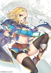 big_breasts blush boots breasts breath_of_the_wild cleavage female female_only green_eyes hong_(white_spider) horny hylian looking_at_viewer nintendo pointy_chin pointy_ears princess_zelda sheikah_slate short_hair solo stockings tagme tears_of_the_kingdom the_legend_of_zelda thick_eyebrows thighhighs zelda_(tears_of_the_kingdom)