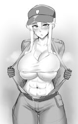 1girls abs artoria_pendragon artoria_pendragon_(lancer) baseball_cap big_breasts black_and_white blush breasts cleavage crop_top erect_nipples fate/grand_order fate_(series) female female_only gloves greyscale hat highres huge_breasts jumpsuit large_breasts line_art looking_at_viewer monochrome navel no_bra no_color open_clothes roresu shirt sidelocks sketch skindentation solo standing sweat taut_clothes taut_shirt thighs underboob undressing