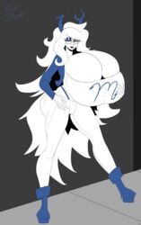 1girls akiva ass blue_eyes breast_grab breasts clothing fangs glasses grey_background homestuck horns huge_breasts licking_lips long_hair ms_paint_adventures platform_heels solo thong troll vriska_serket white_hair white_skin