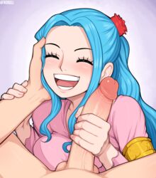 1boy 1girls 2d afrobull big_breasts big_penis blue_hair candy_blue_hair closed_eyes clothed clothed_female clothed_female_nude_male cock cute dick dress female female_focus hand_on_head hand_on_penis handjob happy happy_female holding_penis huge_cock light-skinned_male light_blue_hair light_skin long_hair male nefertari_vivi nude nude_male one_piece pale-skinned_female pale_skin penis penis_grab penis_grasp simple_background straight watermark wholesome