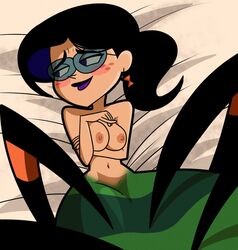 1girls arm_under_breasts bed black_hair blush breasts cartoon_network cute drpizzaboi1 earrings erect_nipples female female_only freckles glasses half-closed_eyes lipstick looking_away lying_down lying_on_back nipples on_back pinkie_out ponytail shy smile solo spider spider_girl spider_humanoid the_grim_adventures_of_billy_and_mandy velma_green