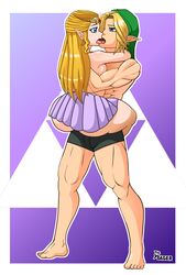 ambiguous_penetration ass big_ass blonde_hair cum cum_inside earrings elf embrace eyes_rolling_back female french_kiss french_kissing hat hylian lifting lifting_person link link_(ocarina_of_time) long_hair muscular nintendo ocarina_of_time pointy_ears princess_zelda stocking_cap the_legend_of_zelda the_yeager zelda_(ocarina_of_time)