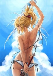 1girls alternate_breast_size arm_behind_back arm_up ass ass_cleavage back bangs bare_back bikini bikini_top_removed blonde_hair blonde_hair_female blue_sky blush bottle bracelet braid breasts butt_crack clarent closed_eyes closed_mouth eyebrows_visible_through_hair fate/apocrypha fate_(series) female female_ass female_only french_braid from_behind hair_ornament hair_scrunchie highres holding holding_bottle holding_sword holding_weapon jewelry long_hair medium_breasts mordred_(fate) mordred_(swimsuit_rider) ponytail pouring_onto_self red_scrunchie scrunchie shoulder_blades side-tie_bikini sideboob sidelocks sky smile solo swimsuit sword tan tanline thighs tonee v-shaped_eyebrows water_bottle weapon wet white_bikini