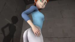 1girls 3d alternate_version_available ass ben_10 big_ass blue_shirt breasts cartoon_network cheesy_sfm clothed clothing ear_piercing female female_only fully_clothed green_eyes gwen_tennyson hand_on_ass leggings looking_back looking_down orange_hair pants sfm shirt sideboob small_breasts smile solo solo_female source_filmmaker white_leggings white_pants