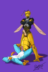 4_arms absurd_res anal anal_sex anatid anseriform antennae_(anatomy) anthro arthropod avian balls bird blue_body clothed clothing crossed_arms duck duo erection eye_contact genitals hi_res humanoid_genitalia humanoid_penis hymenopteran insects looking_at_another looking_down looking_up lying male male/male male_penetrated male_penetrating male_penetrating_male masturbation multi_arm multi_limb muscular nenwef nude on_back partially_clothed penetration penis simple_background standing sweet_yissus wasp