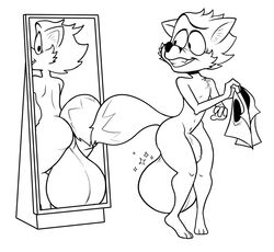 2015 anthro ass backsack balls big_balls canid canine dawmino flaccid fox genitals huge_balls humanoid_genitalia humanoid_penis hyper hyper_balls hyper_genitalia line_art looking_at_mirror looking_at_object male male_only mammal mirror monochrome nude oversized_balls penis reflection reynold solo uncut