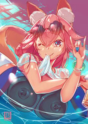 1girls animal_ear_fluff animal_ears bangs blue_nails blush bracelet breasts fate/grand_order fate_(series) female fox_ears fox_girl fox_shadow_puppet fox_tail innertube large_breasts long_hair looking_at_viewer mouth_hold nail_polish nekomimipunks nipples ocean outdoors pink_hair shirt shirt_lift smile solo sunglasses sunglasses_on_head tail tamamo_no_mae_(fate) tamamo_no_mae_(swimsuit_lancer) water wet wet_clothes wet_shirt wet_t-shirt wink yellow_eyes