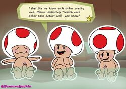 ass blush dialogue english_text erection feet group hot_tub humanoid looking_at_viewer looking_embarrased male male_only mario_(series) nintendo paper_mario presenting presenting_hindquarters samuraijackin steam teasing text toad_(mario) video_games water