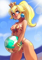 1girls beach beach_ball bikini blonde_hair blue_eyes blush bracelet breasts cleavage crown dirtyero_(artist) earrings erect_nipples female female_only front-tie_bikini lipstick looking_to_the_side mario_(series) nintendo outdoors pointy_chin ponytail princess_peach sky smile solo standing sunlight super_mario_bros. swimsuit tan tied_hair underboob