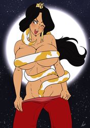 aladdin arabian arabian_clothes arm_up ass belly_dancer belly_dancer_outfit black_hair brown_eyes cleavage coils dancer dancer_outfit dancing disney disney_princess earrings enslaved_royal evil_queen_jasmine full_moon harem_girl harem_outfit harem_pants huge_breasts jafar_harem_outfit long_hair lufidelis moon navel nipples_covered princess princess_jasmine pulling_down_pants royalty seductive seductive_smile slave slave_outfit slavegirl smile snake squeezing_breast stripper stripping tiara topless undressing wide_hips wink