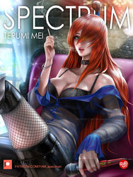 1girls artist_name bare_shoulders bra breasts character_name choker cigarette cleavage clothing female female_only fishnet_stockings green_eyes hair_over_one_eye holding_object leather lipstick long_boots looking_at_viewer makeup mei_terumi microphone nail_polish naruto naruto_(series) naruto_shippuden orange_hair realistic see-through see-through_clothing shirt smoking solo stockings topknot transparent_clothing yam_spectrum