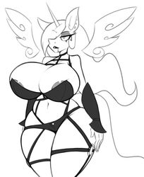 1girls alicorn anthro anthrofied areola_slip armwear bdsm_gear ear_piercing friendship_is_magic goth greyscale harness horn large_breasts lil_miss_jay long_hair monochrome my_little_pony pointy_chin princess_celestia_(mlp) smooth_skin white_background wings