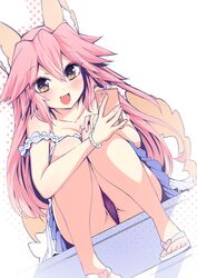 2018 animal_humanoid blush breasts cameltoe canid canid_humanoid canine canine_humanoid caster_tamamo-no-mae clothing fate_(series) female footwear fox_humanoid hair hi_res holding_object holding_phone humanoid jewelry looking_at_viewer mammal mammal_humanoid panties partially_visible_vulva phone pink_hair sandals simple_background sitting smile solo tamamo_no_mae_(fate) underwear white_background wisespeak