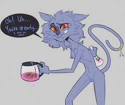 2019 anthro beverage bodily_fluids breasts coffee crowdrawslewd dialogue digital_media_(artwork) domestic_cat english_text felid feline felis female forced_smile genitals hand_behind_back hi_res love_potion mammal mature_female nervous nervous_smile nipples nude pointy_chin pussy red_eyes simple_background skinny slim solo standing suspicious sweat sweatdrop text unknown_character yellow_sclera