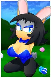 black_hair blue_eyes blue_suit bowtie bunny_ears bunny_girl bunnysuit bushes busty cleavage easter easter_egg makia_(slickehedge) original_character slickehedge sonic_(series)