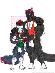 2020 anthro balls big_muscles big_penis black_body black_penis black_tail blue_body blue_fur blue_tail blush bodily_fluids canid canine canis clothing cum cum_leaking cum_on_hand dick_slip dragon duo fur genital_fluids genitals gesture green_tank_top hair hi_res horn hug ilotoxy male male/male mammal meeper muscular muscular_anthro muscular_male penis pointing pointing_at_another precum precum_string purple_hair red_hair red_penis red_tank_top shirt simple_background size_difference smile smiling_at_viewer tails-n-doll tank_top topwear traditional_media_(artwork) vein white_body white_feet wolf