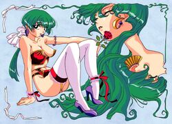 1girls 90s ass bangs big_ass blue_background blue_eyes bow bracelet breasts cleavage closed_eyes clothing earrings eyebrows_visible_through_hair eyes_visible_through_hair feet female female_only flower garter_belt garter_straps green_hair hair_ribbon high_heels highres jewelry large_breasts lipstick long_hair long_ponytail looking_at_viewer makeup medium_breasts musashiseki_hibari official_art open_mouth pearl_bracelet ponytail red_clothing red_lipstick revealing_clothes ribbon rose sideboob silvier sitting smile sogna solo stockings teeth thick_thighs thighhighs thighs tied_hair viper_(series) viper_v8 wind wrist_cuffs