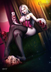 blood blood_in_wine_glass breasts bustier carmilla_(castlevania) castlevania castlevania_(netflix) drinking_blood fangs female_only gore mobius_yang nipples skull solo stockings thighhighs vampire white_hair wine_glass