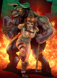 1girls bound breasts brown_hair chains cleavage closed_eyes clothing female fictional_interracial gag gagged male minotaur restrained short_hair size_difference