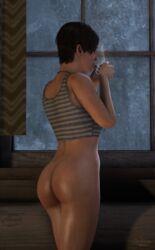 1girls 3d anna_miller_(metro) ass bare_midriff bare_shoulders black_hair bottomless bubble_butt busty butt coffee coffee_mug crop_top deep_silver drink drinking female female_focus female_only hourglass_figure light-skinned_female light_skin metro_(series) metro_exodus no_panties nude pin pinup pose posing poster rear_view scar shirt short_hair solo source_filmmaker standing tagme tank_top topwear white_skin wide_hips wildynsfw