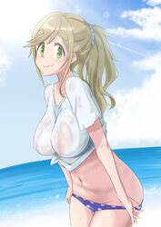 1girls beach belly big_breasts breasts brown_hair busty female green_eyes inuyama_aoi nipples nipples_visible_through_clothing no_bra panty_pull pointy_chin ponytail see-through see-through_clothing sweat swimsuit_pull tagme undressing wet wet_t-shirt white_shirt yurucamp