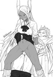 1boy 1girls bird_wings bottomless bunny_ears dark-skinned_female dark_skin female gloves hawks_(my_hero_academia) interracial keigo_takami licking_teeth lifting_skirt long_hair looking_at_partner looking_at_penis looking_down male_penetrating male_penetrating_female miruko monochrome my_hero_academia open_mouth pussy reverse_cowgirl_position rumi_usagiyama school_uniform schoolgirl sex shoganight skirt skirt_lift socks tongue tongue_out uniform vaginal_penetration white_hair wings