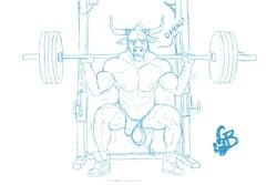 2019 abs anthro balls barbell biceps bovid bovine cattle clothed clothing clothing_aside dialogue ears_down exercise exercise_equipment footwear genitals goldeyboi horn looking_down male male_only mammal monochrome muscular muscular_anthro muscular_male nipples pecs pivoted_ears profanity shoes simple_background sketch squats topless topless_male underwear underwear_aside wardrobe_malfunction weightlifting weights white_background workout