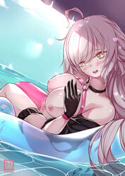 1girls ahoge bangs bare_shoulders bikini black_gloves black_jacket blush breasts breasts_out choker cropped_jacket fate/grand_order fate_(series) female gloves innertube jacket jeanne_alter jeanne_alter_(swimsuit_berserker) large_breasts long_hair looking_at_viewer navel nekomimipunks ocean open_mouth outdoors silver_hair single_thighhigh solo sunlight thigh_strap thighhighs very_long_hair water yellow_eyes