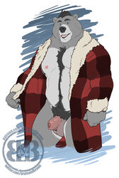 2020 anthro asher_(bruteandbrawn) balls barazoku belly black_hair black_nose black_pubes blue_eyes body_hair bottomless bruteandbrawn clothed clothing digital_media_(artwork) eyebrows fingers flaccid foreskin front_view fur genitals glans grey_body grey_fur grin hair happy_trail hi_res humanoid_genitalia humanoid_penis jacket looking_at_viewer male male_only mammal multicolored_body multicolored_fur musclegut navel nipples open_mouth pecs penis pinup plaid pose pubes red_clothing red_jacket red_topwear simple_background slightly_chubby smile solo standing topwear two_tone_body two_tone_fur uncut unretracted_foreskin urethra ursid watermark