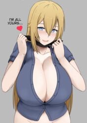 1girls blonde_hair blue_eyes blush breasts busty cleavage english_text female female_only heart huge_breasts invitation inviting looking_at_viewer nao_(ritsancrossover) original smile speech_bubble