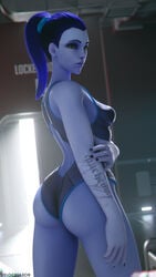 1girls 3d ass big_ass big_butt blue_hair blue_skin breasts bubble_ass bubble_butt female female_only huge_ass large_ass looking_at_viewer looking_back overwatch ponytail solo solo_female tattoo velocihaxor widowmaker yellow_eyes